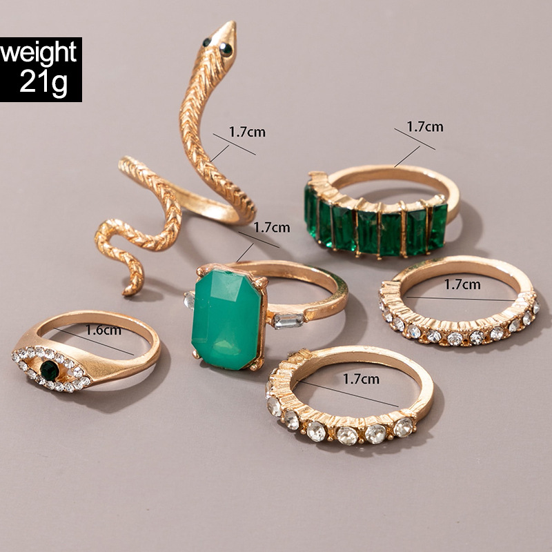 欧美流行饰品戒指手饰 蛇形爱心仿绿宝石镶钻ins风五件套戒指女详情63