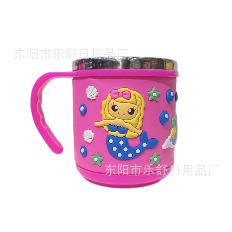 不锈钢儿童水杯卡通创意杯子带盖带手柄双层隔热pvc软胶不锈钢杯详情6