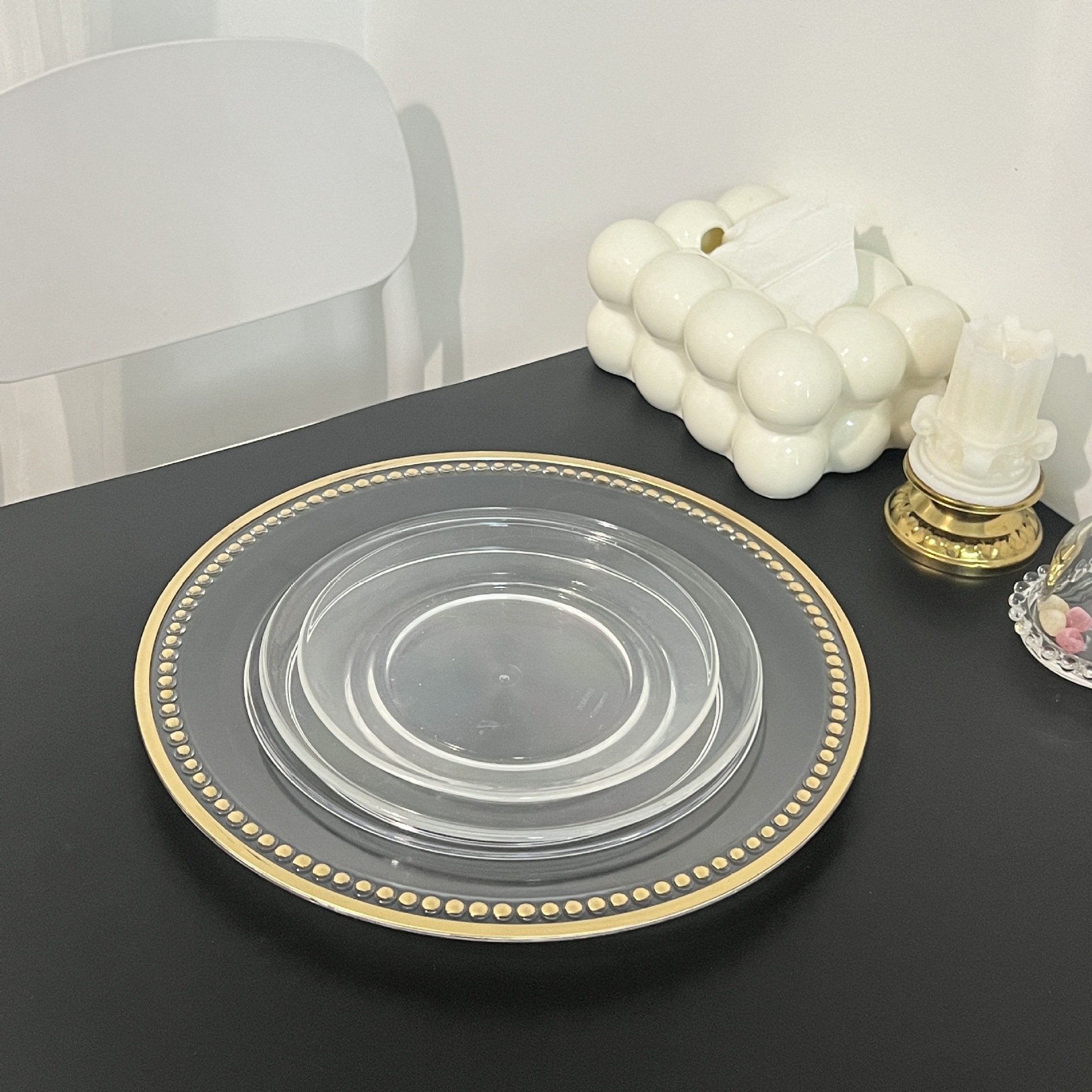 外贸透明婚礼酒店派对烫金工艺装饰塑料玻璃主盘chagerplate详情2