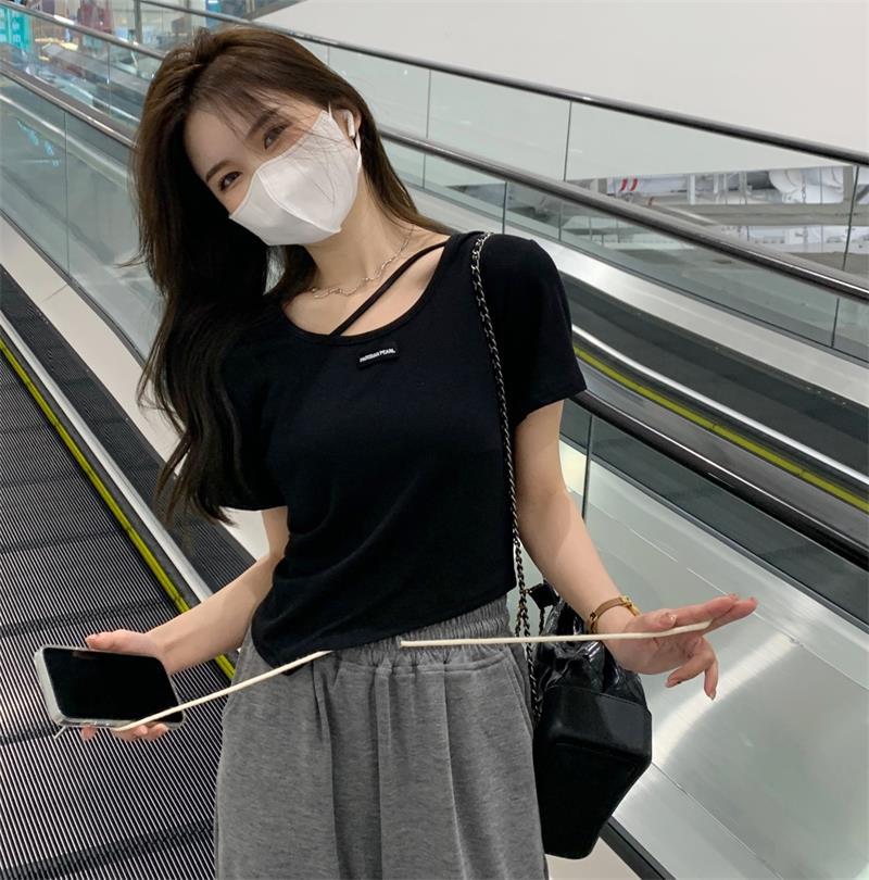 不规则设计感短袖T恤女夏季韩版2023新款辣妹风欲白色打底上衣详情5