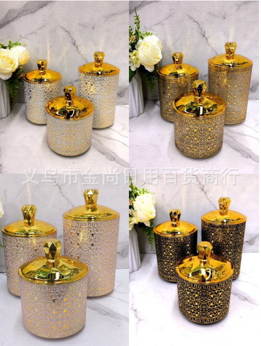 The new pearl candy storage jar features a diamond design, a gilded ring, a heart flower design, a round sealed jar without feet, and a color box pic 1