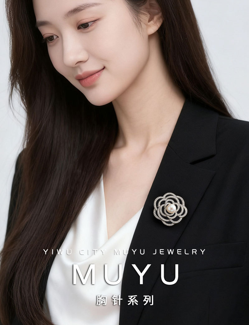 A light luxury and elegant camellia brooch with a high-end feel. It features a copper alloy freshwater pearl inlaid with zircon and a three-dimensional hollowed-out brooch pic 3