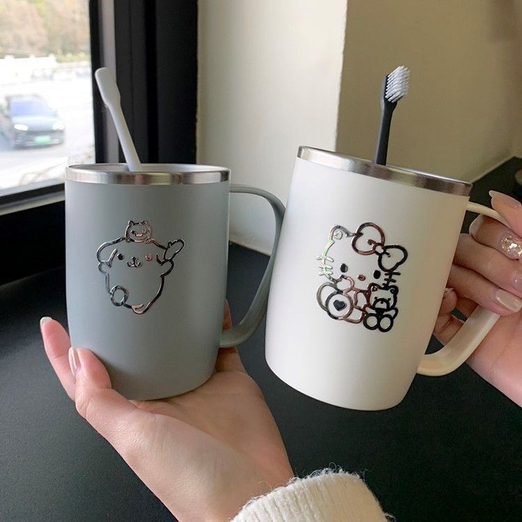 Japanese-style 304 stainless steel washbasin cup, anti-mold brushing water cup with handle, simple and cute for a family of three on Instagram pic 3
