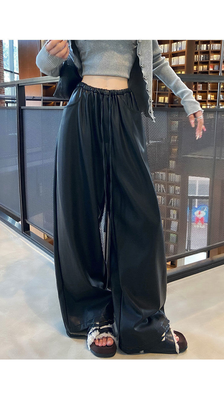 黑色皮裤阔腿裤女2025秋冬新款哑光PU皮休闲裤宽松显瘦直筒拖地裤详情3
