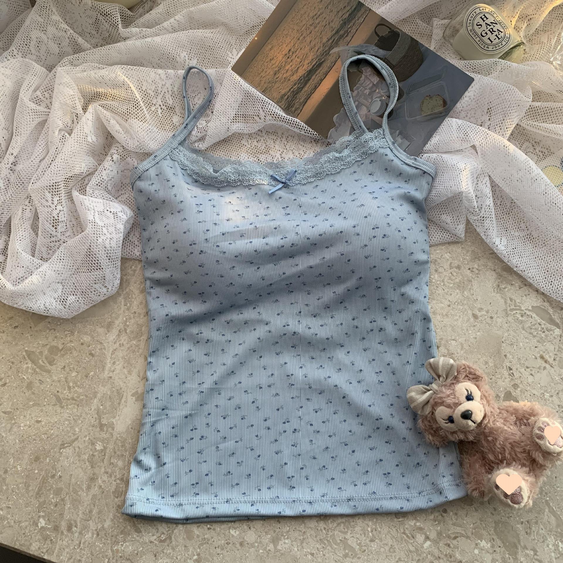 甜辣妹蓝色蕾丝边吊带小背心女夏季bm碎花内搭打底短款带胸垫上衣详情8