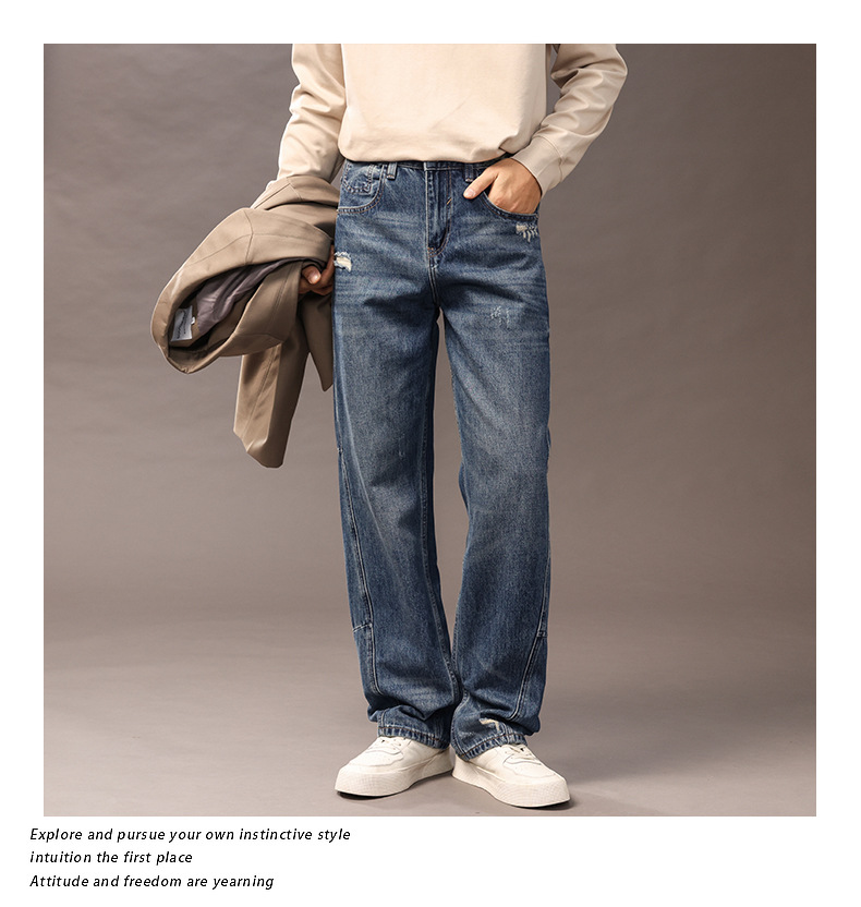街潮痞帅设计感结构直筒牛仔裤男2025年秋冬季时尚潮流做旧长裤子详情4