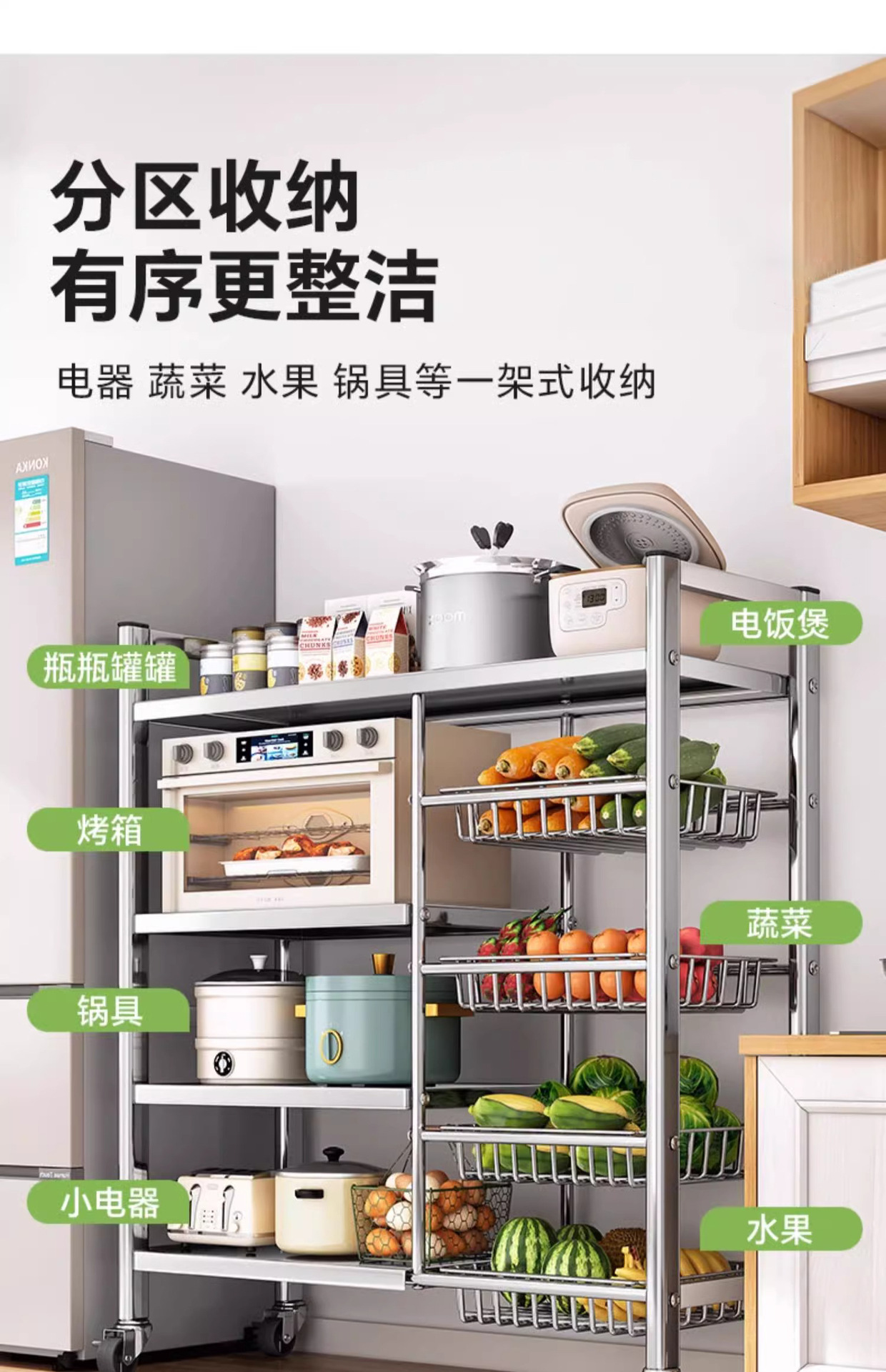 不锈钢厨房置物架菜篮子落地多层多功能微波炉锅具收纳架零食架子详情18