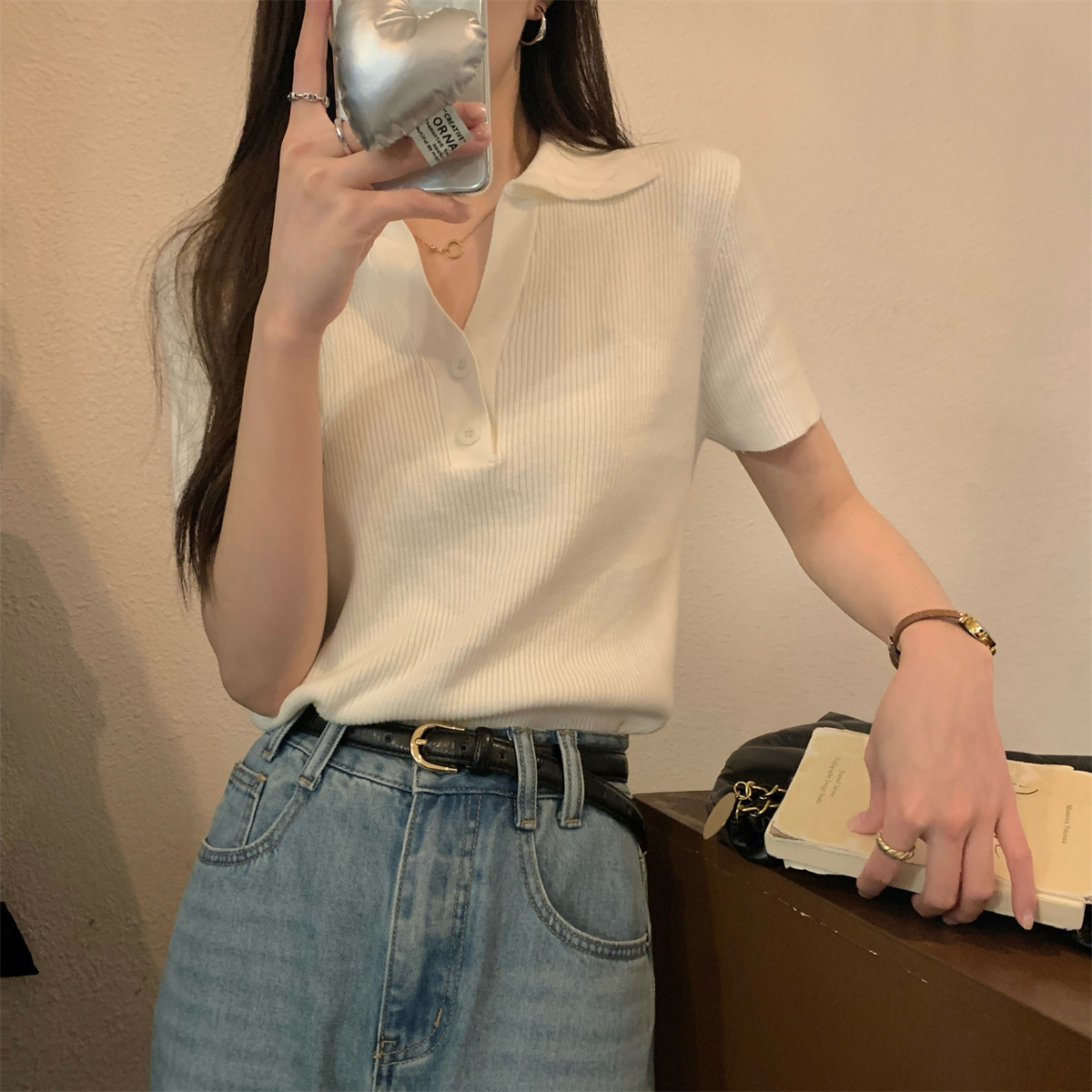 韩系坑条针织T恤夏季修身显瘦polo翻领正肩短袖女上衣气质打底衫详情2