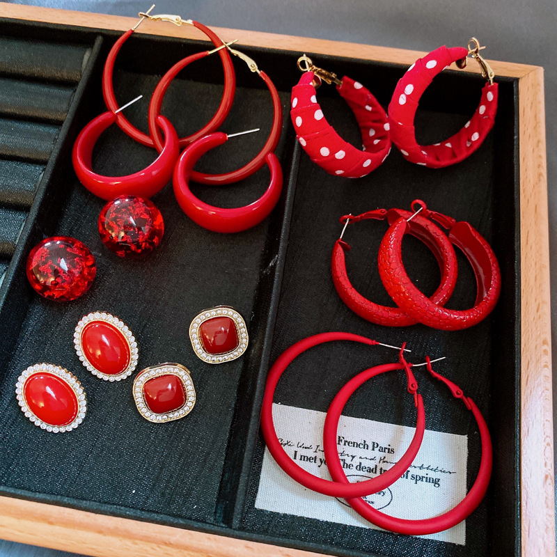 银针安可拉红色波点几何圆形耳圈耳环个性时尚耳圈港风复古耳饰女详情8