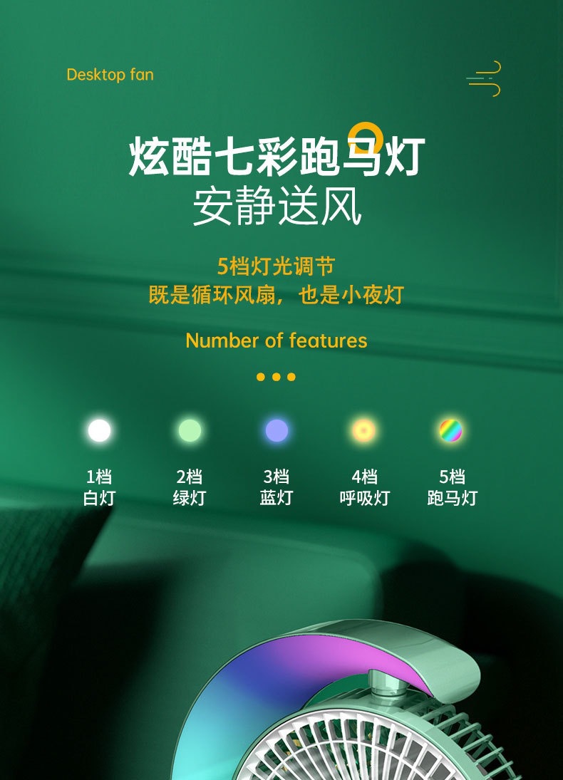 Cross-border Internet celebrity color marquee, desktop fan, USB charging table fan, home, dormitory and office air circulation fan pic 27