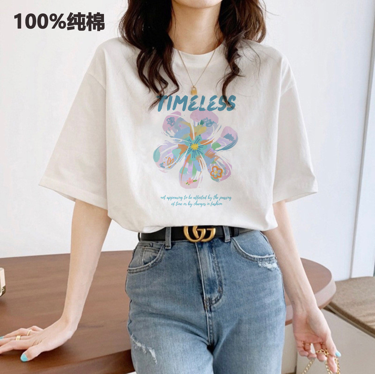This new pure cotton short-sleeved T-shirt is a perfect match for women in summer. It features a printed off-the-shoulder top with a loose round neck and a Korean-style Instagram inside pic 9
