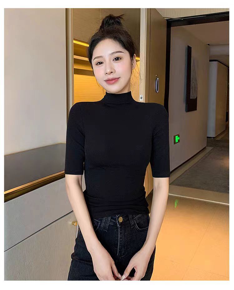 2024新款秋冬小立领短袖T恤女早秋新款韩版修身半高领五分袖纯色详情9