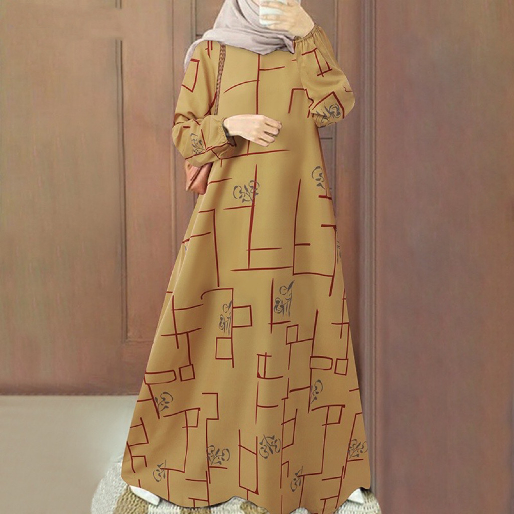 2026 New cross-border Middle East Muslim casual pullover long-sleeved loose round-neck long printed dress Long dress pic 4