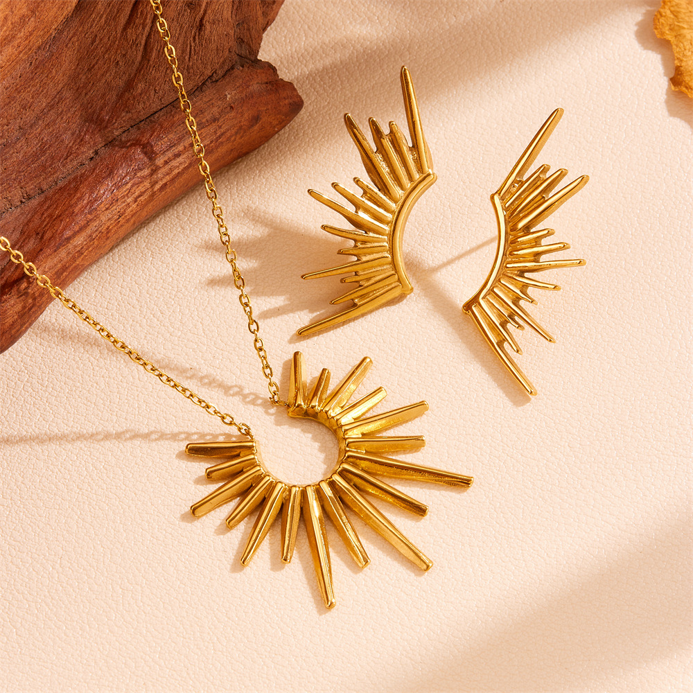 欧美热销不锈钢太阳花项链耳钉套装  时尚个性钛钢太阳花项链套装详情1