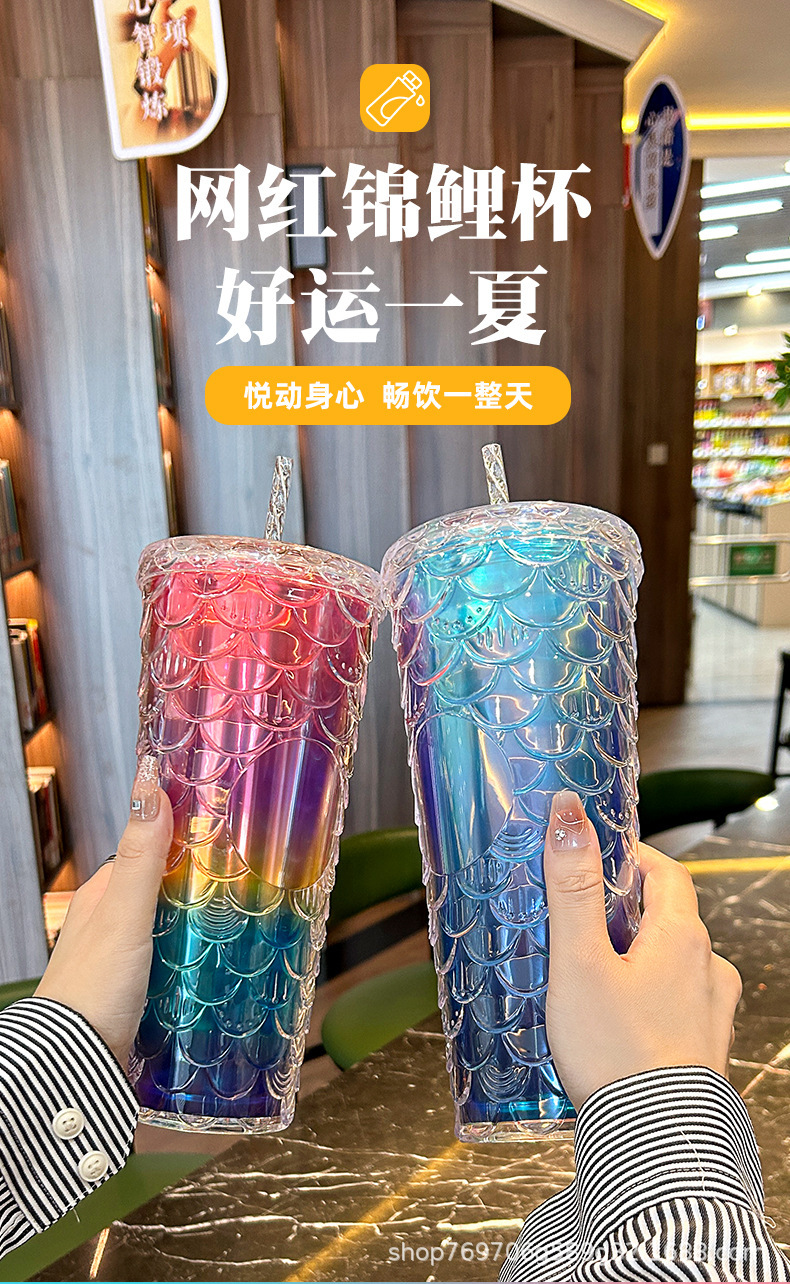双层塑料吸管榴莲杯可印logo款网红高颜值炫彩渐变镭射双层吸管杯详情6