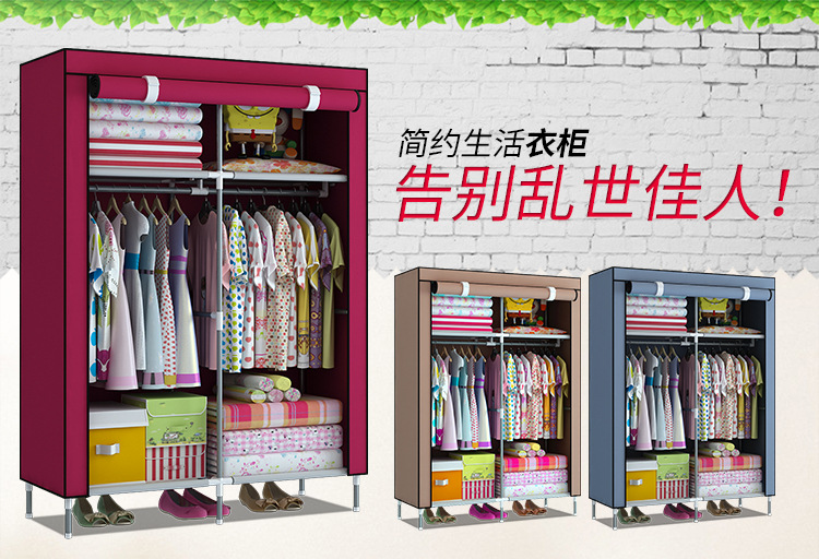 Economical baby clothes storage and organization for rental house, non-woven fabric moisture-proof steel pipe simple thickened and thickened fabric wardrobe pic 1