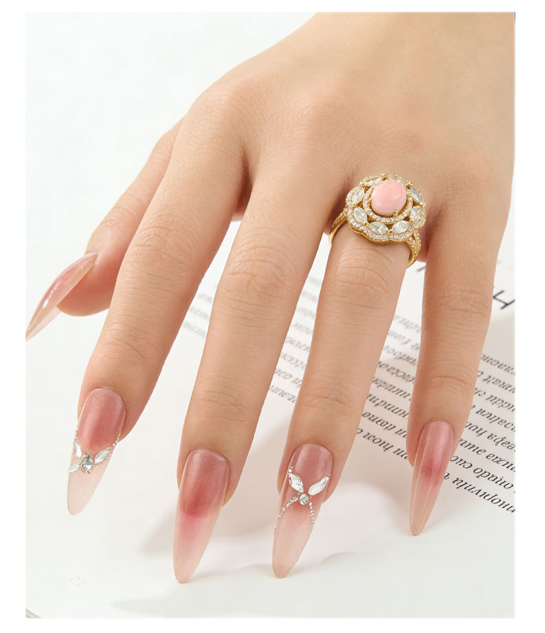 Luxurious and high-end pink Queen shell open ring, copper alloy, real gold electroplated with zircon, exquisite adjustable ring pic 6