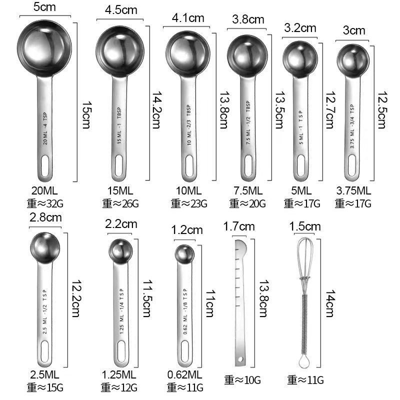 不锈钢量勺量匙10件套装烘焙量勺量杯带刻度测量勺多用勺可单卖详情4