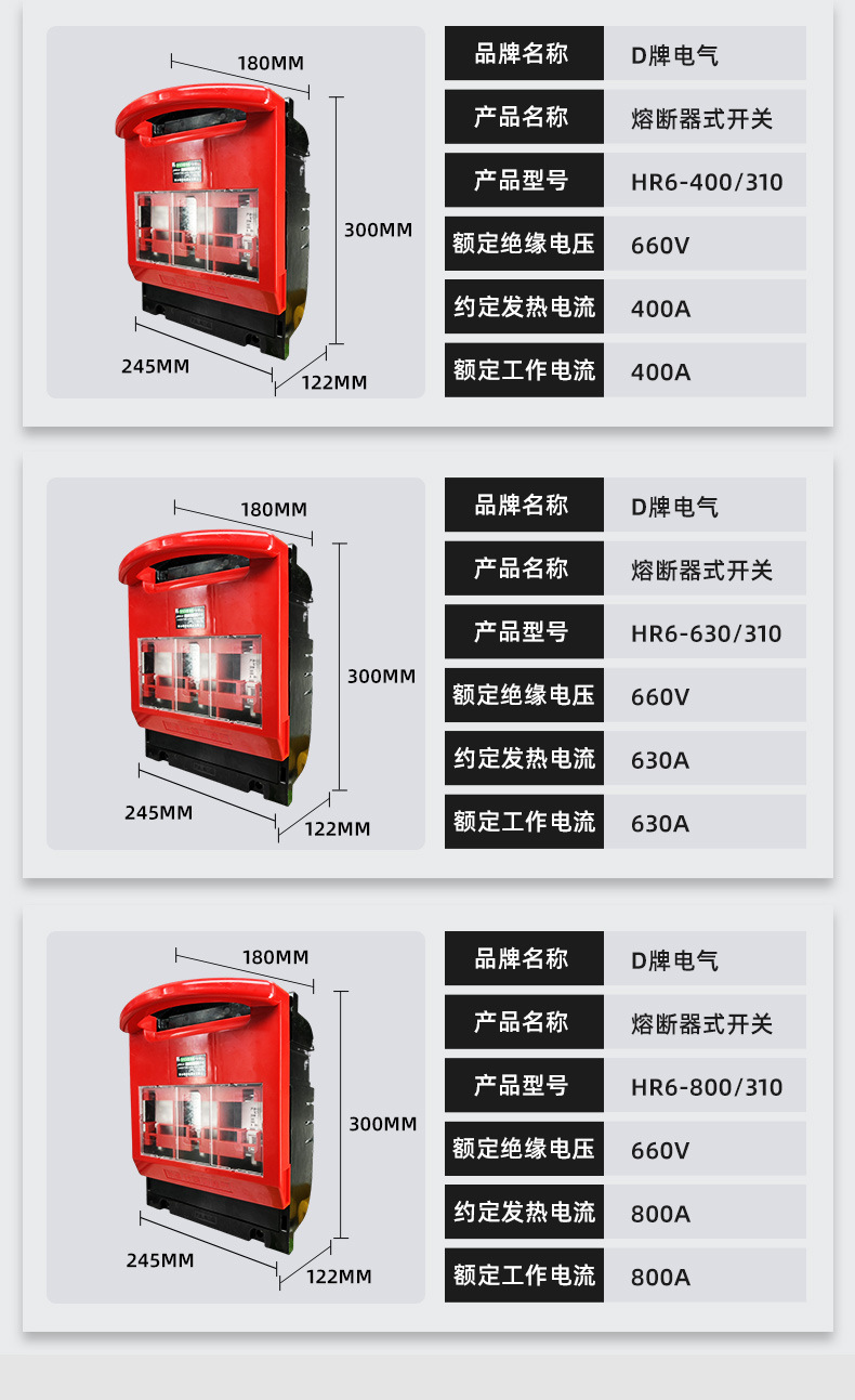 熔断器式隔离开关HR6-160 250 400 630 800A刀开关含熔芯红色100A详情13