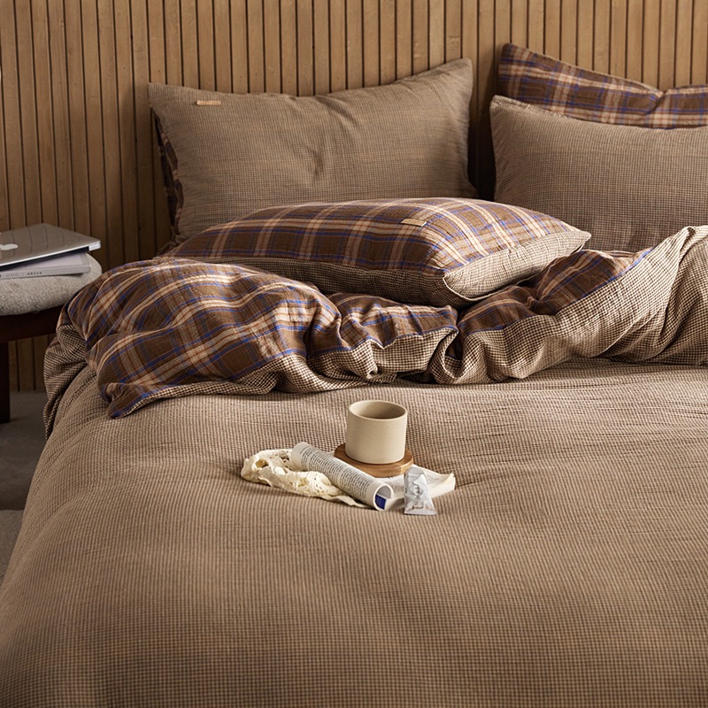 All-cotton Class A double-layer yarn four-piece set, double-layer yarn quilt cover and bed sheet four-piece set, pure cotton double-layer yarn checkered four-piece set pic 47