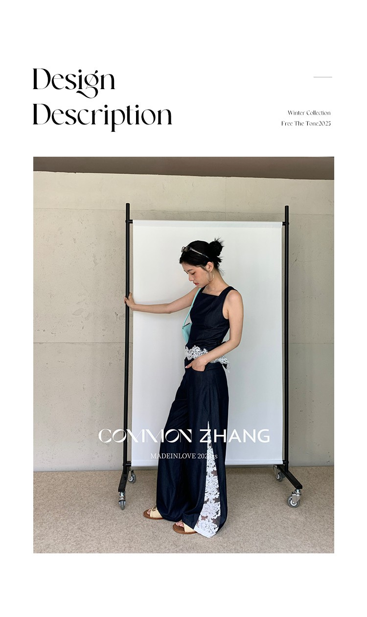 CZ ZHANG Summer French niche lace patchwork with cutout texture, low-waisted wide-leg drape casual pants B24032 pic 2