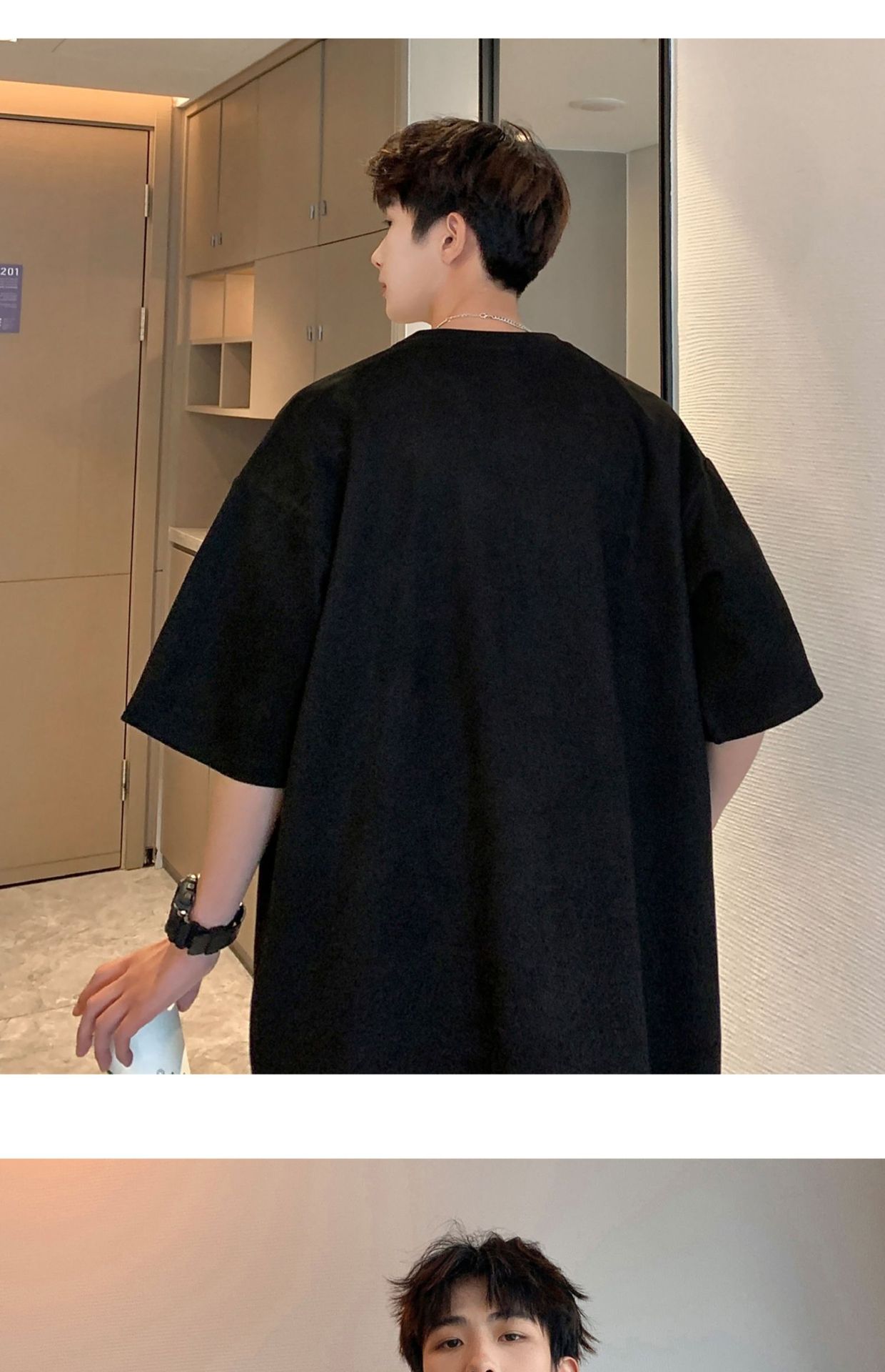 Avocado Green 320g heavyweight T-shirt for men, American retro suede short-sleeved, oversized small collar, three-quarter sleeve pic 15