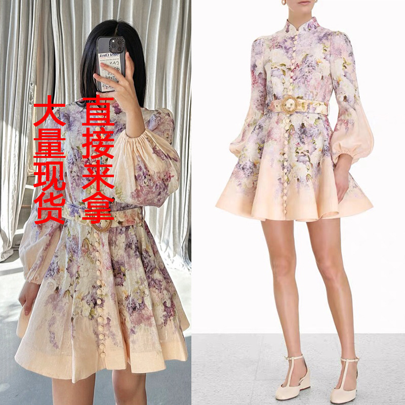 跨境2025新款澳洲设计感单排扣长袖春秋定位印花连衣裙短裙配腰带详情1