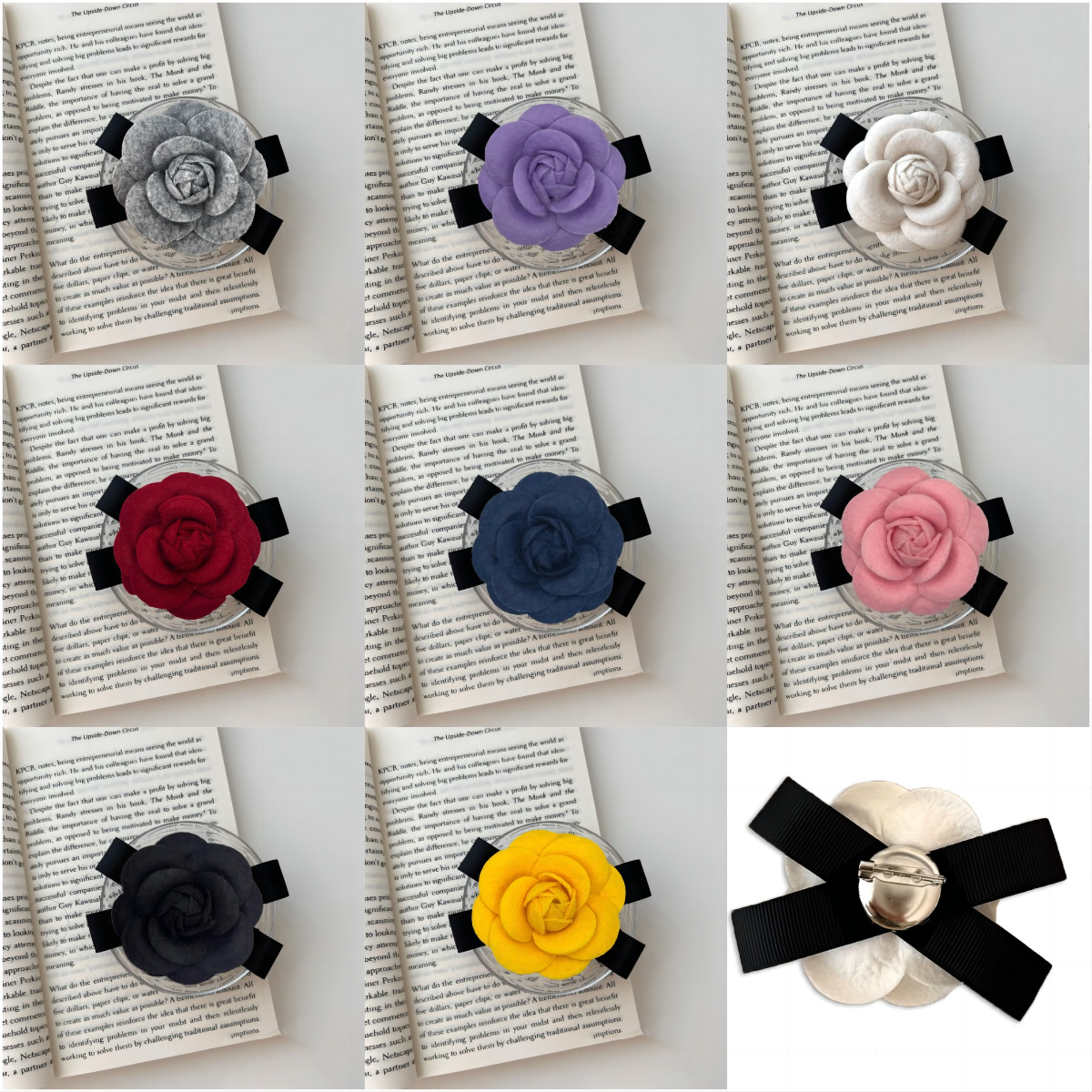 Little fragrant camellia bow brooch, colorful three-dimensional flower pin, woolen coat accessory, bow tie grey pic 2