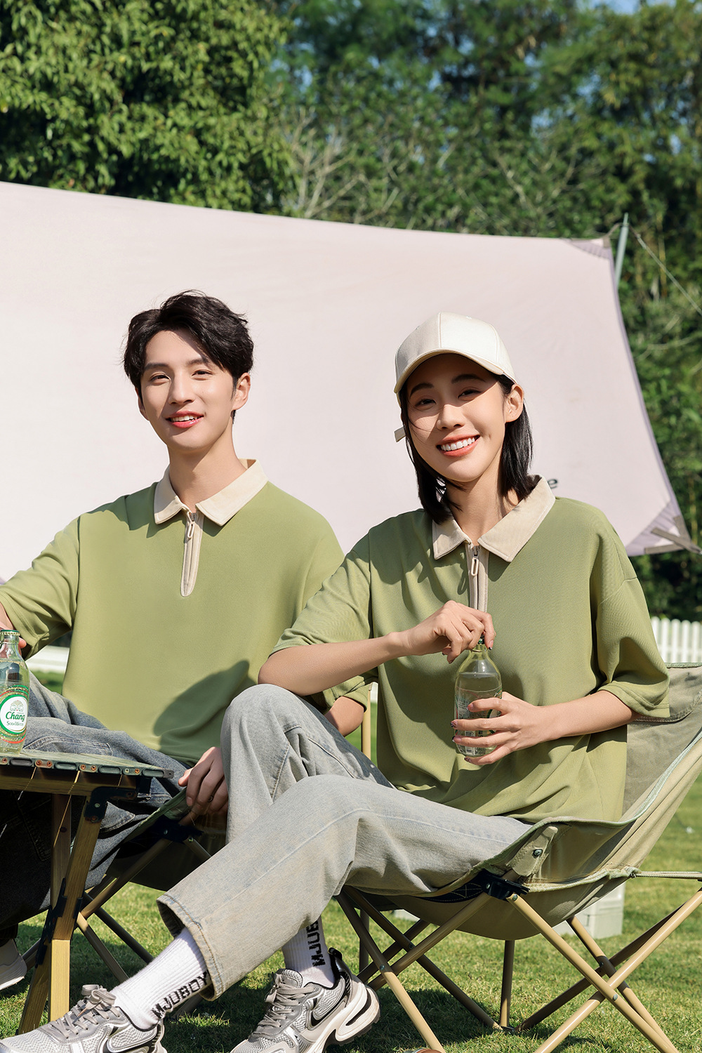 半拉链撞色polo衫工作服定制落肩翻领短袖刺绣学院风个性班服印字详情24