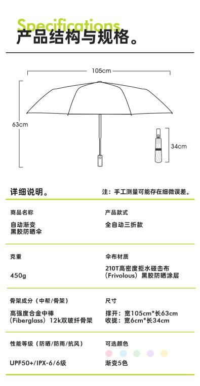 渐变色系全自动晴雨伞太阳遮阳防紫外线黑胶两用雨伞可加印logo详情10