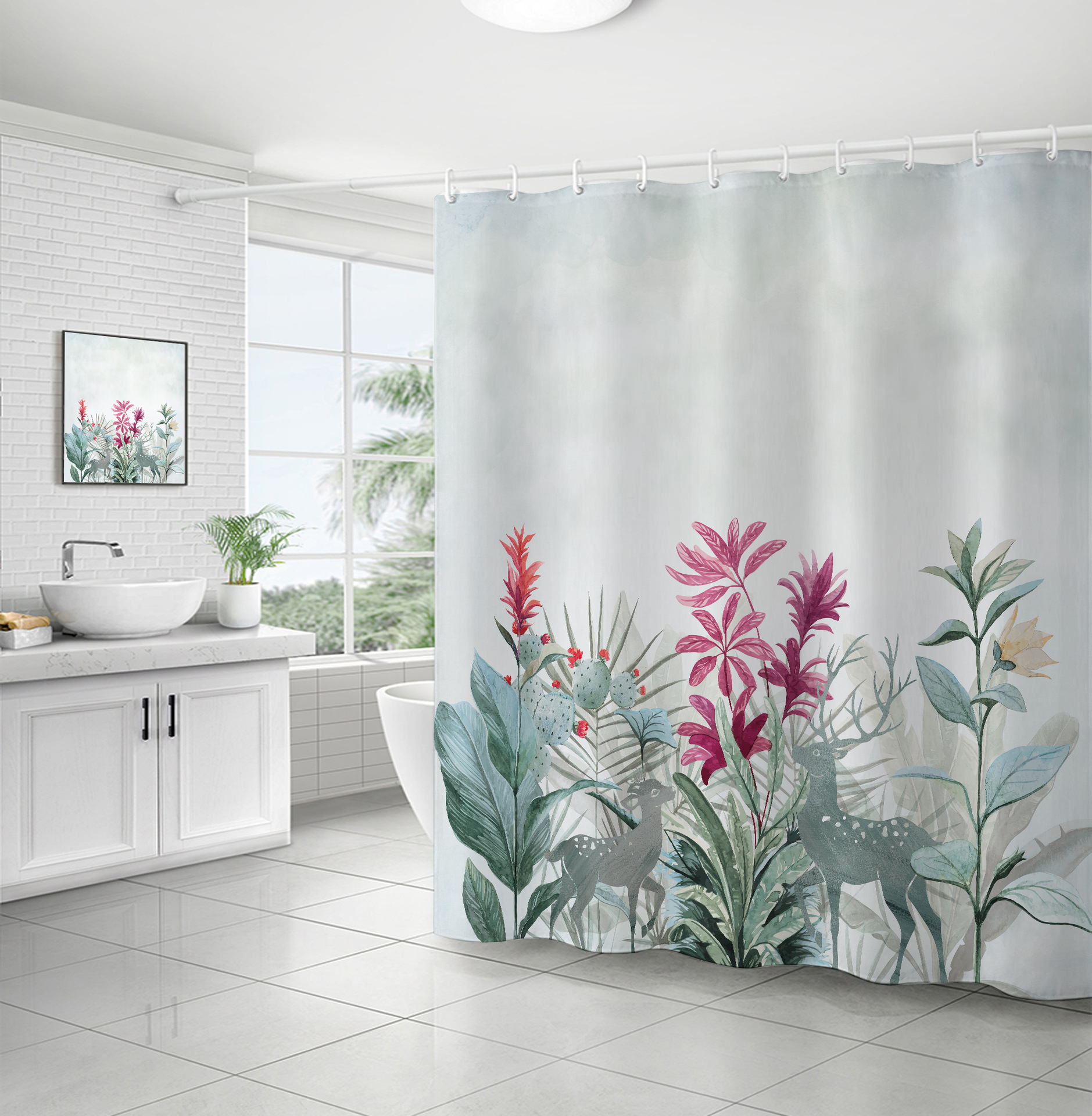 Cross-border direct sales of flower and plant bath curtains, fresh and simple floral waterproof and moisture-proof polyester isolation curtains pic 22