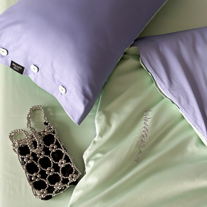 Simple, light luxury and fashionable solid-color long-staple cotton four-piece set, pure cotton letter-embroidered duvet cover, double bedding pic 99