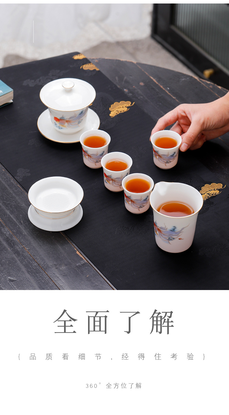 Dehua high-end sheep fat jade porcelain Gongfu tea set, home tea brewing covered bowl cup, company and enterprise festival gift for guests pic 9