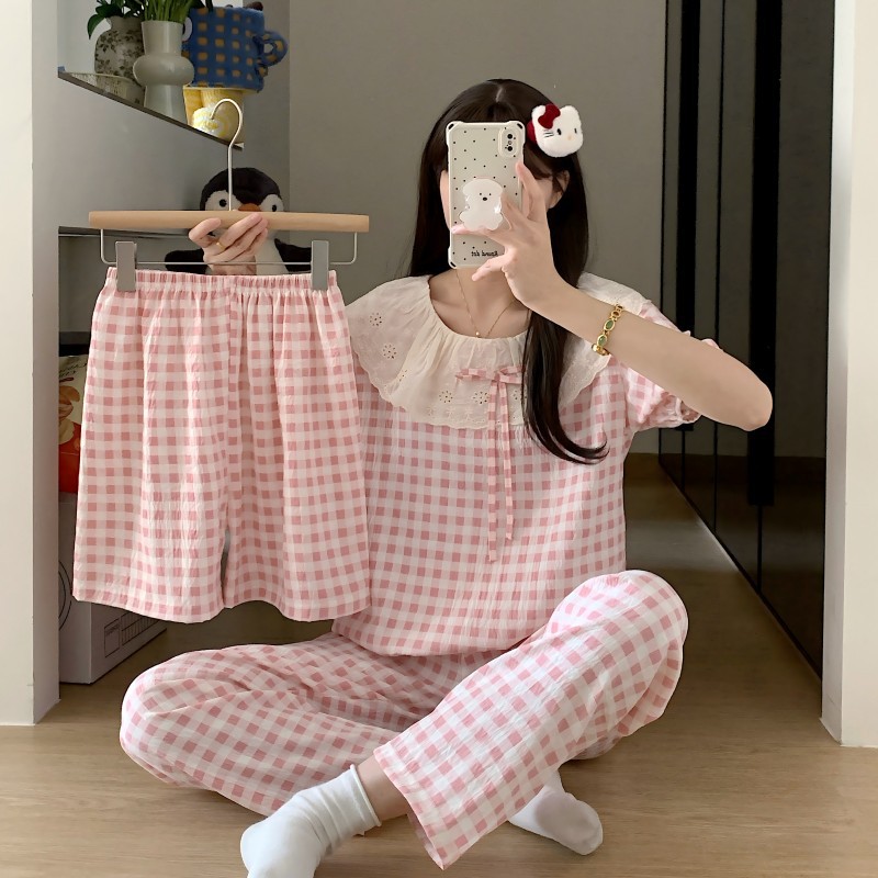 跨境外贸爆款三件套睡衣女短袖短裤长裤甜美大翻领蕾丝花边家居服详情17