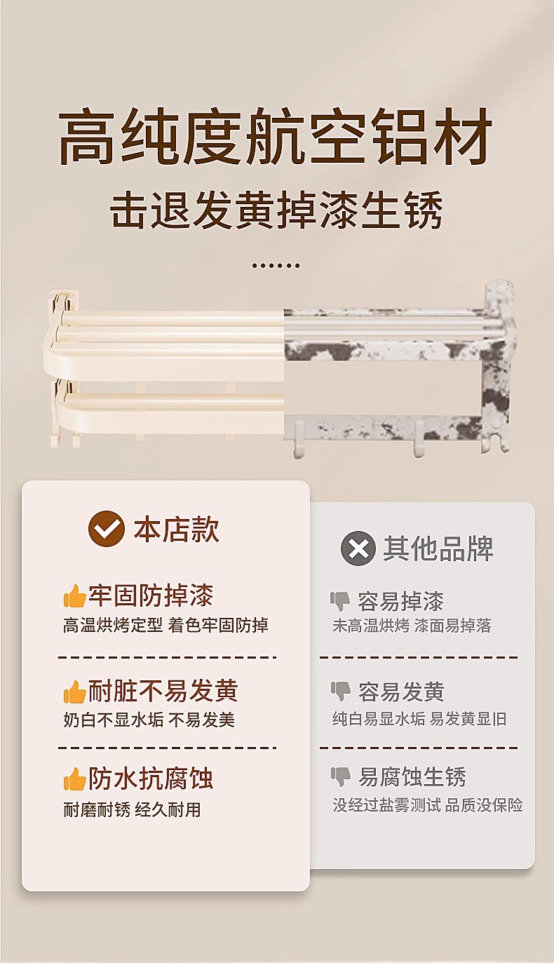 毛巾架免打孔卫生间收纳置物架浴室双毛巾杆厕所壁挂式奶白浴巾架详情10