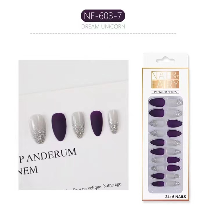 Cross-border exclusive flash pink color-blocking and dazzling nail art, 24 pieces of finished nail art, wearable detachable false nails pic 7