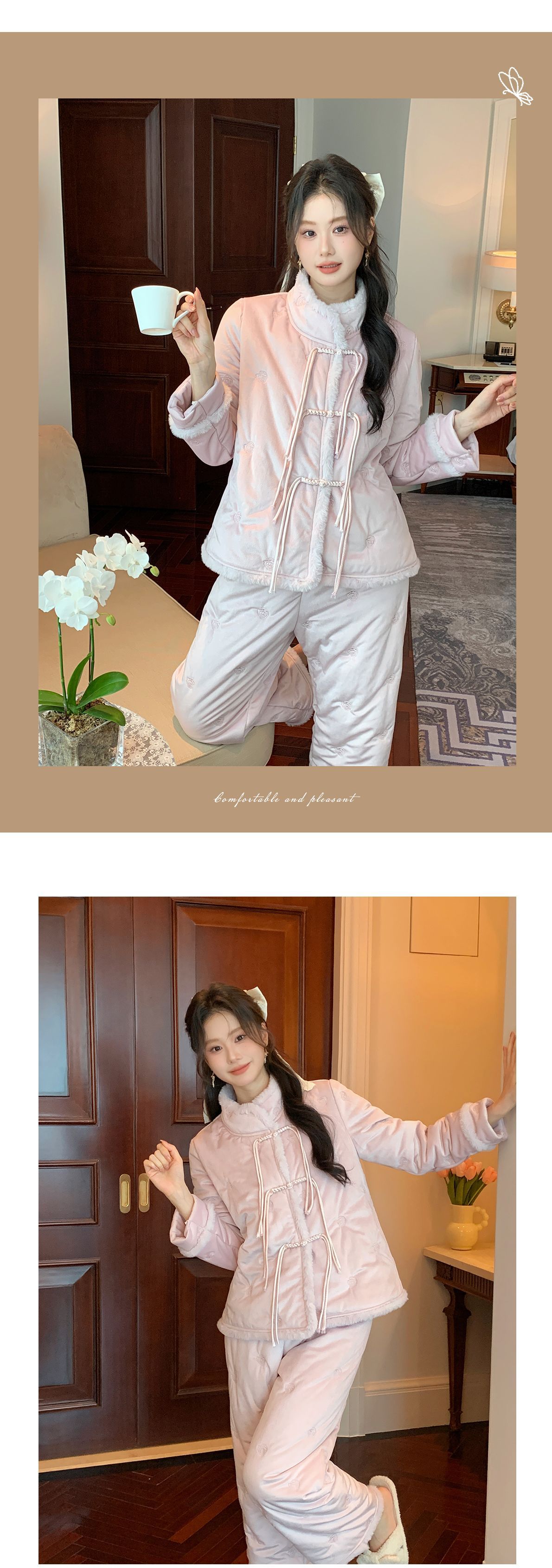 New Chinese-style stand-up collar set for women in autumn and winter, three-layer cotton and fleece thickened home wear, suitable for wearing outside in winter pic 9