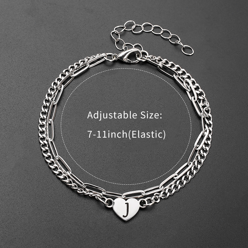 European and American stainless steel long box chain rectangular chain style bracelet, 26-letter DIY heart-shaped bracelet, titanium steel simple bracelet pic 2