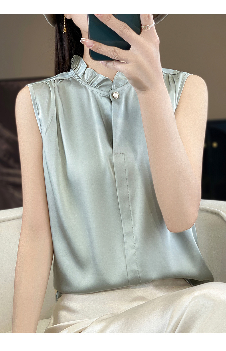 木耳边无袖缎面衬衫背心女立领薄气质衬衫女上衣背心内搭无袖T恤详情22