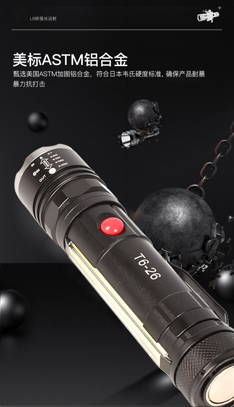 Factory direct sales outdoor high-intensity flashlight, multi-functional USB charging zoom T6, magnetic pen clip at the rear, cob side light pic 15