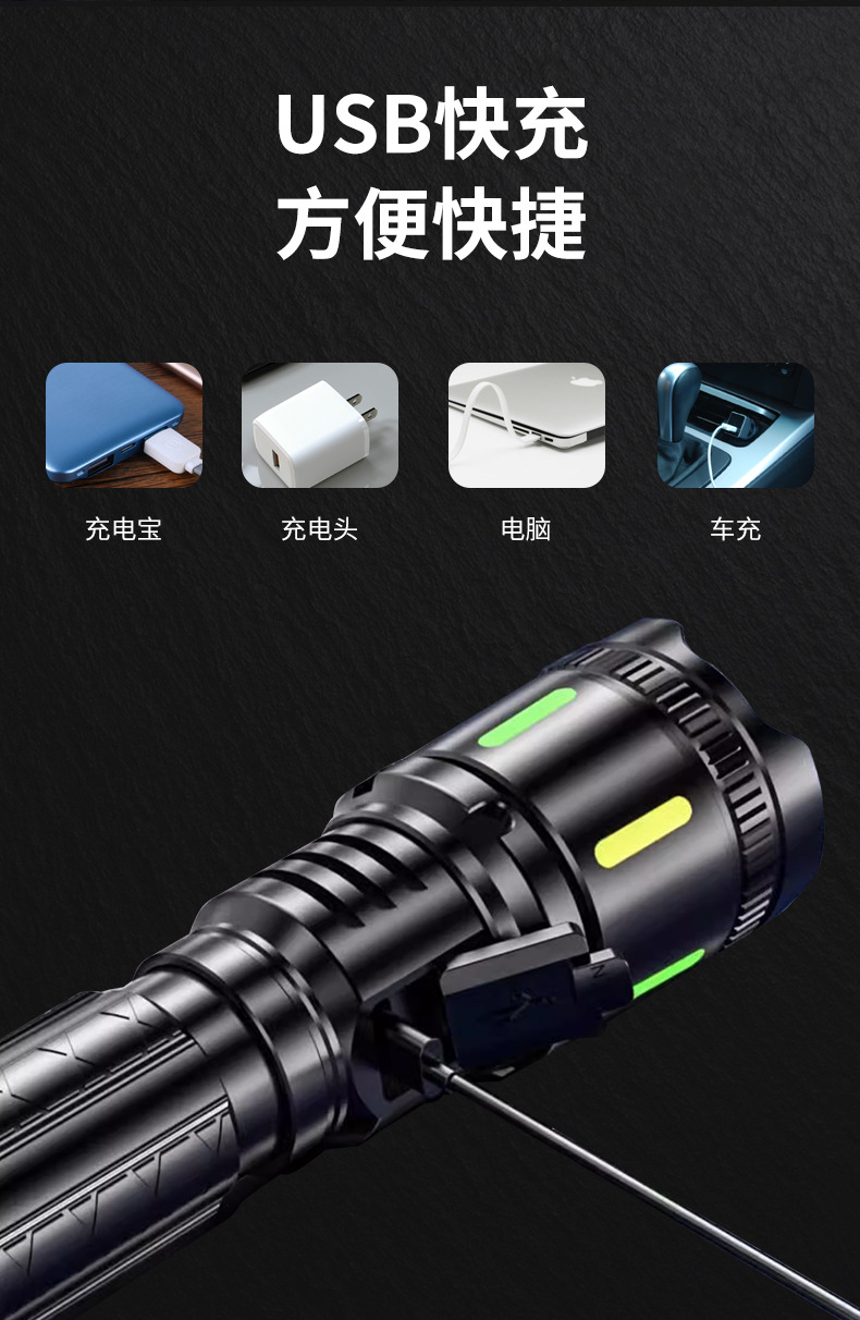 Factory cross-border night cycling outdoor lighting flashlight charging long-range emergency portable multi-functional self-defense strong light flashlight pic 4
