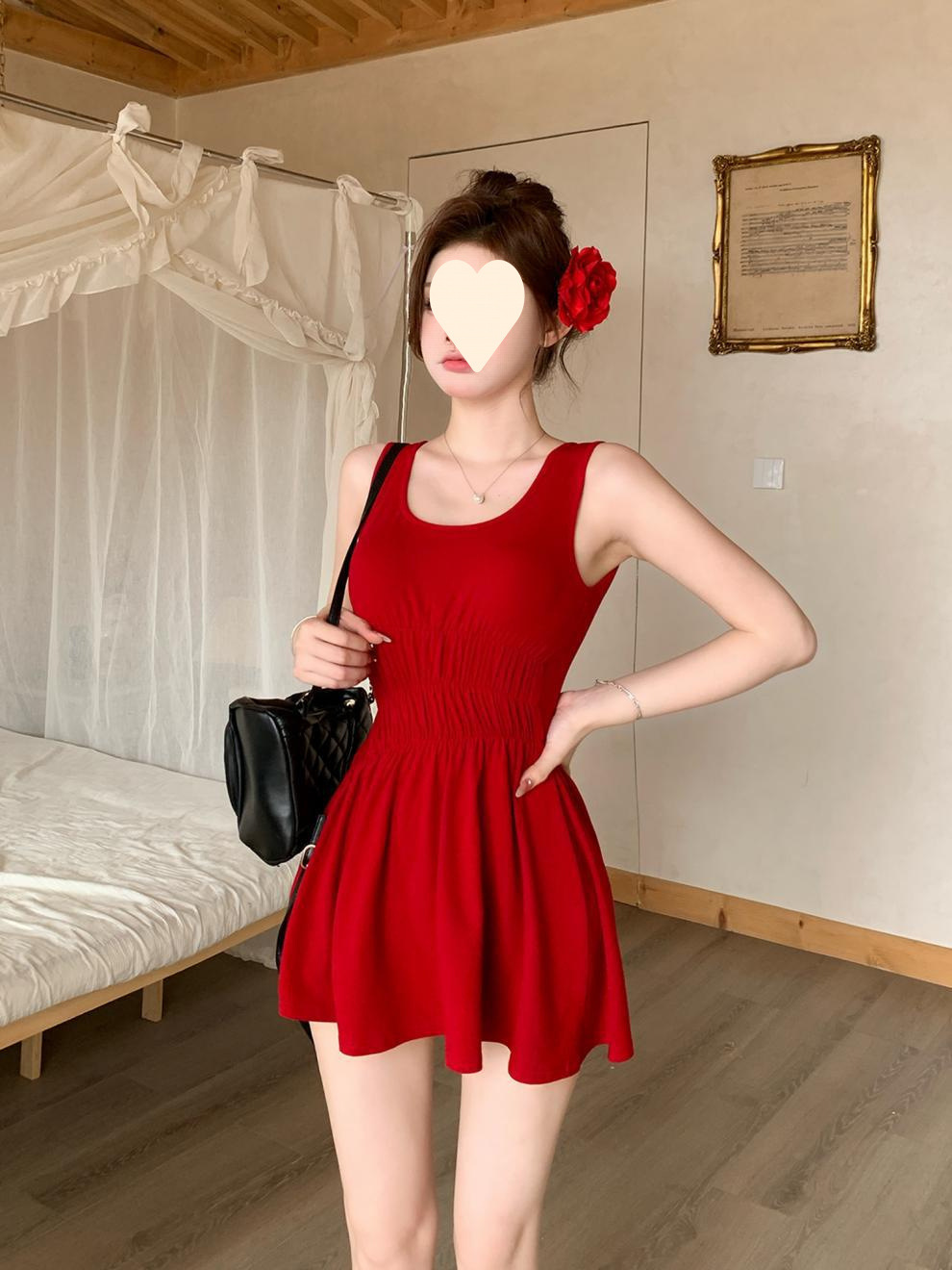 蝴蝶结性感露背法式红色连衣裙女高级感夏收腰显瘦甜辣妹吊带短裙详情10
