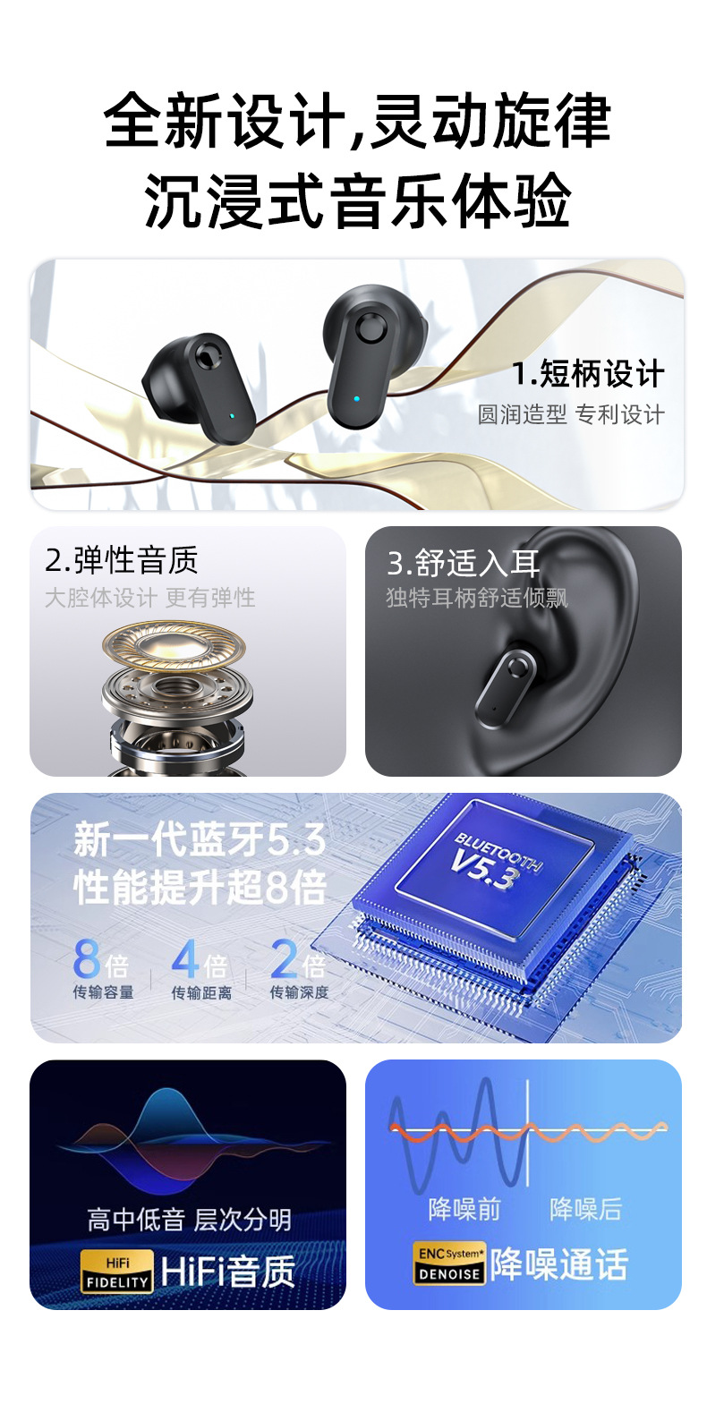 The new cross-border T89 private model TWS wireless Bluetooth headphones are short-handled semi-in-ear noise-cancelling music and gaming headphones pic 3