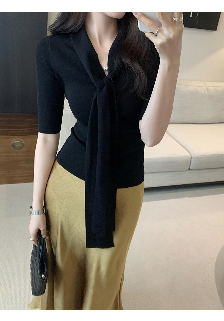 法式别致辣妹V领系带修身短袖针织衫女春夏2025新款气质显瘦上衣详情30