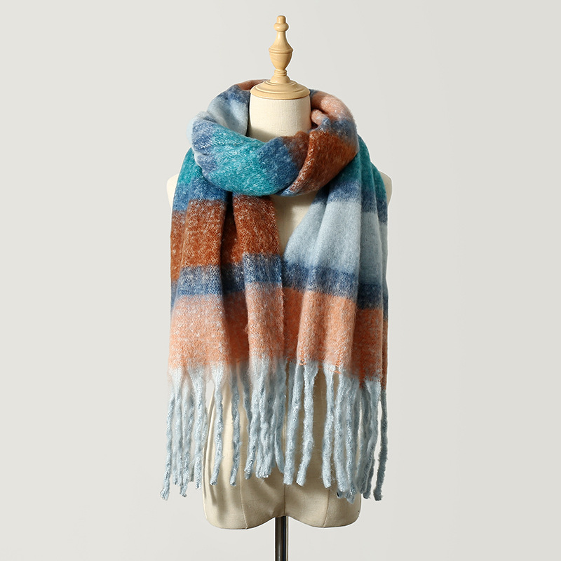 Korean striped scarf for women in autumn and winter, colorful mohair, warm and versatile shawl, atmosphere, trendy and fashionable scarf pic 8