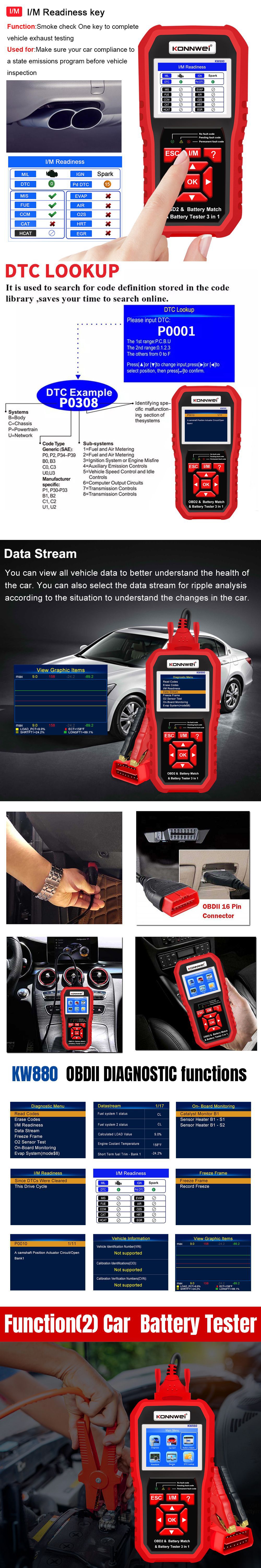 The customized KW880 is a three-in-one machine that integrates automotive diagnostic tools, automotive battery testers, and automotive battery matching pic 3