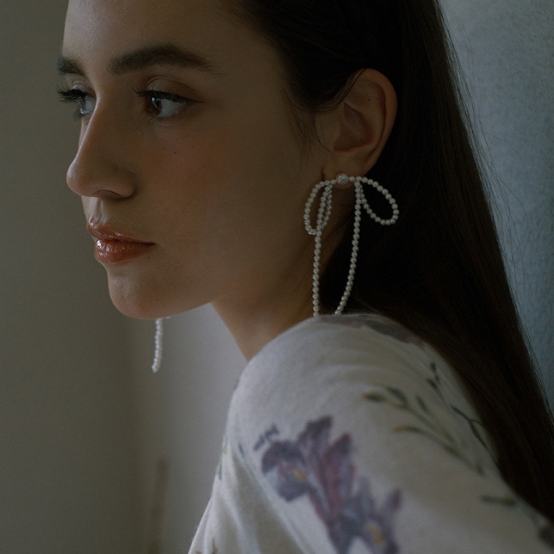 秋冬新手工编织款珍珠蝴蝶结耳钉女s925银针气质小众设计流苏耳环详情11