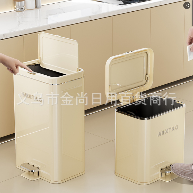New square double-opening metal trash can (with electroplated upper ring), kitchen foot-operated and press-type trash can pic 4