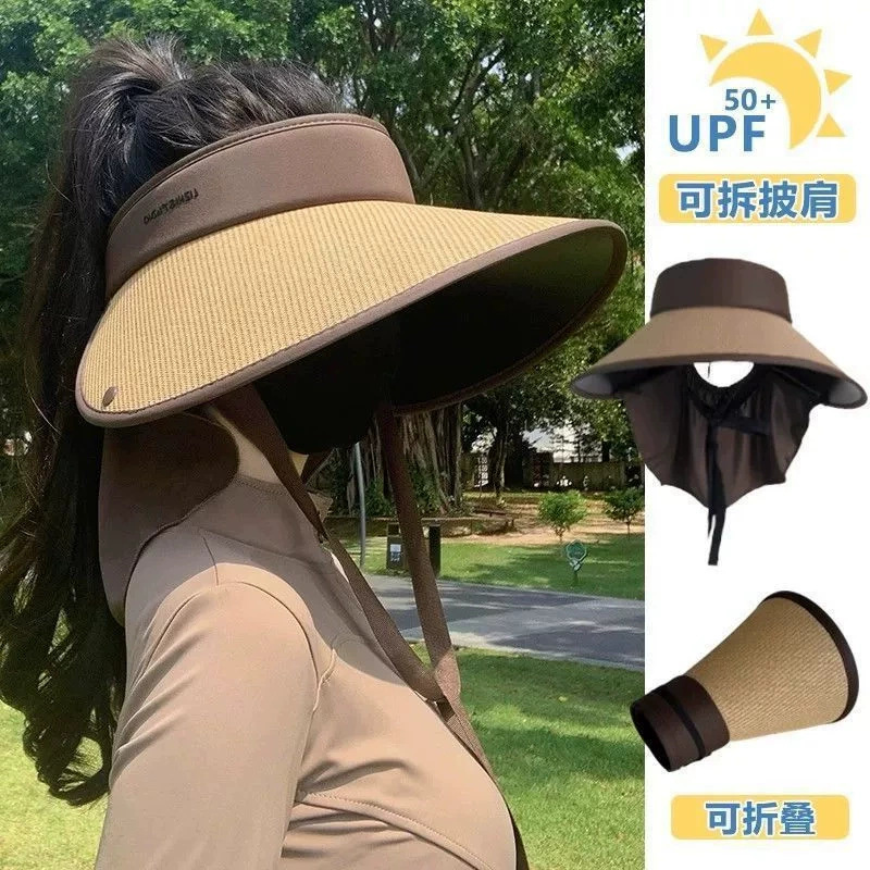 2025新款防晒帽女夏护颈遮阳帽大帽檐户外草编空顶太阳帽披肩可拆详情6