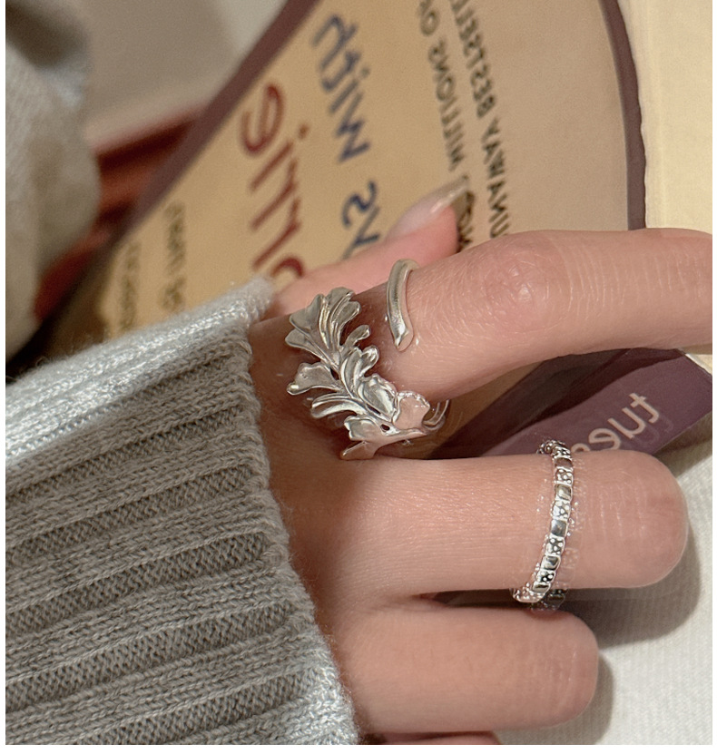 S925纯银韩版小众设计感哑光复古戒指水草简约基础款指环批发详情8